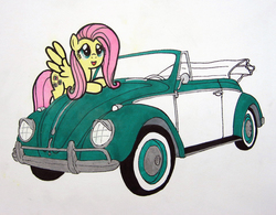 Size: 960x748 | Tagged: safe, artist:patridam, fluttershy, g4, car, convertible, female, solo, traditional art, volkswagen, volkswagen beetle