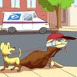 Size: 1000x1000 | Tagged: safe, artist:khorme, oc, oc only, oc:ultramare, dog, earth pony, pony, clothes, collar, disguise, dog collar, hat, leash, mail truck, pet, pet tag, trenchcoat, truck, united states postal service, usps