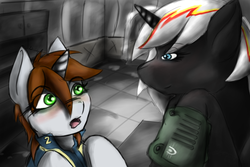 Size: 1920x1280 | Tagged: dead source, safe, artist:thunder-stream, oc, oc only, oc:littlepip, oc:velvet remedy, pony, unicorn, fallout equestria, clothes, fallout, fanfic, fanfic art, female, horn, jumpsuit, mare, pipbuck, vault suit