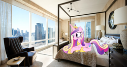 Size: 949x500 | Tagged: safe, artist:princess cadance, princess cadance, g4, bed, bedroom, chair, city, cityscape, irl, manehattan, photo, ponies in real life, solo