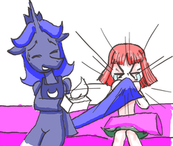 Size: 818x693 | Tagged: safe, artist:redanon, princess luna, oc, oc:anon, oc:femanon, g4, crying, femanon in malequestria, nose blowing, prince artemis, rule 63, tissue box