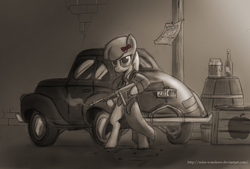 Size: 2408x1628 | Tagged: safe, artist:php49, derpibooru exclusive, apple bloom, earth pony, pony, g4, bipedal, car, clothes, female, gun, solo, tommy gun, weapon