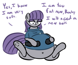 Size: 6400x5400 | Tagged: safe, artist:zeldafan777, boulder (g4), maud pie, earth pony, pony, g4, absurd resolution, belly, belly button, chubby, fat, female, maud pudge, rock, solo, stuffing, underhoof, weight gain