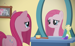 Size: 2554x1582 | Tagged: safe, artist:reitanna-seishin, pinkie pie, fanfic:muffins, g4, spoiler:comic, fanfic art, female, mirror, pinkamena diane pie, reflection, solo