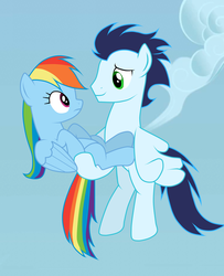 Size: 1024x1263 | Tagged: dead source, safe, artist:rulette, rainbow dash, soarin', g4, carrying, female, flying, male, ship:soarindash, shipping, smiling, straight