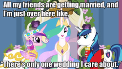 Size: 830x467 | Tagged: safe, edit, edited screencap, screencap, princess cadance, princess celestia, shining armor, a canterlot wedding, g4, clothes, dress, female, image macro, male, marriage, married, meme, ship:shiningcadance, shipping, straight, wedding, wedding dress