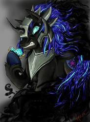 Size: 2480x3373 | Tagged: safe, artist:fyrloczek, shining armor, g4, armor, crying, crystal heart, dark, high res, solo, transformation, unshorn fetlocks