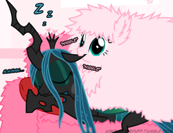 Size: 650x500 | Tagged: safe, artist:mixermike622, queen chrysalis, oc, oc:fluffle puff, g4, ear bite, sleeping