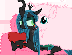 Size: 650x500 | Tagged: safe, artist:mixermike622, queen chrysalis, oc, oc:fluffle puff, g4, licking