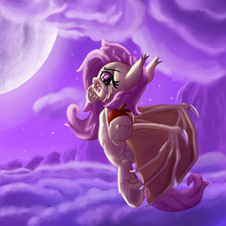 Size: 2000x2000 | Tagged: safe, artist:discorded, fluttershy, g4, apple, cloud, cloudy, female, flutterbat, flying, high res, looking at you, moon, solo, tongue out