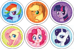 Size: 708x472 | Tagged: safe, artist:trefleix, applejack, fluttershy, pinkie pie, rainbow dash, rarity, twilight sparkle, g4, bust, button, happy, looking at you, mane six, smiling