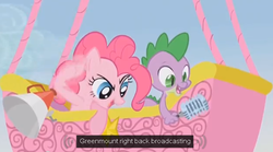 Size: 627x349 | Tagged: safe, screencap, pinkie pie, spike, fall weather friends, g4, hot air balloon, meme, microphone, twinkling balloon, youtube caption