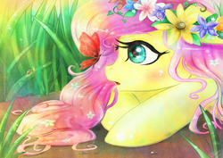 Size: 2912x2059 | Tagged: safe, artist:wilvarin-liadon, fluttershy, butterfly, snail, g4, beautiful, color porn, female, floral head wreath, flower in hair, grass, high res, looking at something, lying down, open mouth, solo, wreath
