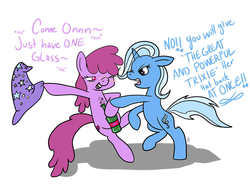Size: 1280x960 | Tagged: safe, artist:mewinabubble, berry punch, berryshine, trixie, g4, alcohol, drunk, trixie's hat, wine