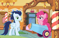 Size: 718x462 | Tagged: safe, pinkie pie, soarin', g4, female, male, party cannon, pie, pie seduce, pun, shipping, soarinpie, straight