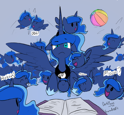 Size: 7542x7000 | Tagged: safe, artist:darkflame75, princess luna, alicorn, pony, lunadoodle, :3, :>, :d, :o, absurd resolution, beach ball, blob, blob ponies, book, calendar of lunas, chubbie, cuddling, cute, eye twitch, female, floppy ears, flying, frown, happy, huzzah, lunabetes, mare, moon, multeity, nom, open mouth, photoshop, prone, self ponidox, smiling, snuggling, spread wings, sugarcube, too many lunas, too many ponies, weapons-grade cute, wide eyes