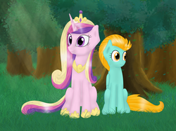 Size: 1371x1028 | Tagged: safe, artist:helen3, lightning dust, princess cadance, g4, cute, cutedance, duo, dustabetes, forest, friendshipping, happy, park