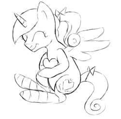 Size: 991x971 | Tagged: safe, artist:aaron amethyst, princess cadance, g4, :t, clothes, cute, eyes closed, female, heart, hug, lineart, monochrome, pillow, sitting, smiling, socks, solo, spread wings, striped socks, teen princess cadance, teenager