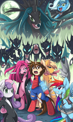 Size: 1101x1834 | Tagged: safe, artist:jinzhan, applejack, pinkie pie, queen chrysalis, rainbow dash, sweetie belle, trixie, changeling, pony, semi-anthro, spiders and magic: rise of spider-mane, g4, alicorn amulet, arm hooves, bipedal, catsuit, crossover, future, male, peter parker, pinkamena diane pie, ponified, spider-man, spiders and magic iii: days of friendship past, sword