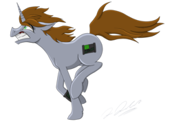 Size: 1285x939 | Tagged: dead source, safe, artist:tsand106, oc, oc only, oc:littlepip, horse, pony, unicorn, fallout equestria, cutie mark, fanfic, fanfic art, female, galloping, gritted teeth, hooves, horn, mare, pipbuck, running, simple background, solo, teeth, transparent background