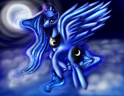 Size: 3050x2370 | Tagged: safe, artist:fluffymaiden, princess luna, g4, female, flying, high res, moon, night, solo