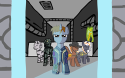 Size: 760x475 | Tagged: safe, artist:workingorder, oc, oc only, oc:calamity, oc:littlepip, oc:pyrelight, oc:steelhooves, oc:velvet remedy, oc:xenith, balefire phoenix, earth pony, pegasus, phoenix, pony, unicorn, zebra, fallout equestria, applejack's rangers, armor, battle saddle, clothes, dashite, eyes closed, fanfic, fanfic art, female, fluttershy medical saddlebag, gun, hat, hooves, horn, jumpsuit, looking at you, male, mare, medical saddlebag, pipbuck, pose as a team 'cause shit just got real, power armor, rifle, saddle bag, smiling, spread wings, stallion, steel ranger, vault suit, weapon, wings