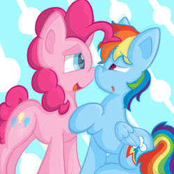 Size: 1024x1024 | Tagged: safe, artist:majorleaguepony, artist:majorleaguepony101, pinkie pie, rainbow dash, g4, :o, bedroom eyes, boop, eye contact, female, lesbian, noseboop, open mouth, raised hoof, ship:pinkiedash, shipping, sitting, smiling