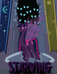 Size: 1440x1872 | Tagged: safe, artist:dr-whiskey, twilight sparkle, changeling, changeling queen, fanfic:starving, g4, castle of the royal pony sisters, changelingified, commission, fanfic, fanfic art, fanfic cover, glowing eyes, implied changeling, one word, purple changeling, queen twilight, starving, twiling, tyrant sparkle, vector