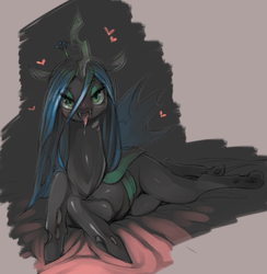 Size: 977x1003 | Tagged: safe, artist:mizoone, queen chrysalis, changeling, changeling queen, g4, bedroom eyes, blanket, drool, drool string, fangs, female, heart, looking at you, solo, tongue out