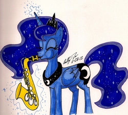 Size: 1280x1150 | Tagged: safe, artist:newyorkx3, princess luna, g4, female, musical instrument, saxophone, simple background, solo, traditional art