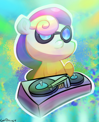 Size: 1698x2090 | Tagged: safe, artist:captain64, bon bon, sweetie drops, earth pony, pony, g4, chibi, disc jockey, dj bon3, dj table, female, psychedelic, solo, vinyl's glasses