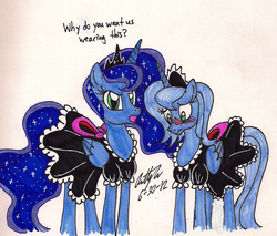 Size: 1280x1091 | Tagged: safe, artist:newyorkx3, princess luna, alicorn, pony, g4, blushing, clothes, female, maid, mare, s1 luna, self ponidox, simple background, solo, traditional art