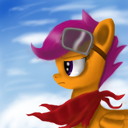 Size: 900x900 | Tagged: safe, artist:jeki, scootaloo, pegasus, pony, g4, clothes, female, future, goggles, older, sad, scarf, solo