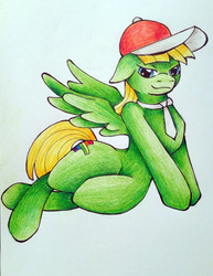 Size: 801x1040 | Tagged: safe, artist:joey darkmeat, artist:sk-ree, oc, oc only, oc:viva reverie, semi-anthro, bedroom eyes, floppy ears, hat, immatoonlink, looking at you, on side, side-sitting, smiling, solo, spread wings, wide hips