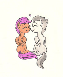 Size: 832x1015 | Tagged: safe, artist:13foxywolf666, rumble, scootaloo, pegasus, g4, boop, colt, cute, duo, duo male and female, eyes closed, female, filly, foal, heart, male, nose to nose, noseboop, ship:rumbloo, shipping, sitting, smiling, straight, traditional art