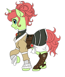 Size: 1293x1524 | Tagged: safe, artist:quila111, oc, oc only, oc:spring, pony, unicorn, adoptable, clothes, female, mare, profile, raised hoof, simple background, smiling, solo, steampunk, transparent background, vector