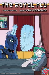 Size: 1024x1582 | Tagged: safe, artist:pony-berserker, big macintosh, princess celestia, princess luna, earth pony, pony, comic:the royal flu, g4, bed, celestimac, comic, comic cover, glass syringe, i can't believe it's not idw, injection, magic, male, nurse, nurse luna, nurse outfit, picture, pills, rectal thermometer, shipping, stallion, straight, syringe, syrup, thermometer, this will end in pain