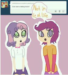 Size: 560x618 | Tagged: safe, artist:forrestfyer, scootaloo, sweetie belle, human, g4, :o, ask, askhumanscootaloo, clothes, cute, diasweetes, humanized, light skin, skirt, speech bubble, tumblr