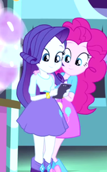 Size: 434x695 | Tagged: safe, pinkie pie, rarity, equestria girls, g4, cute, female, hug, lesbian, raribetes, ship:raripie, shipping, smiling, tablet