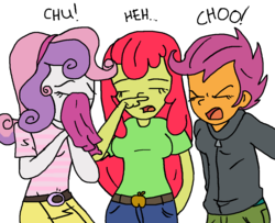Size: 1200x974 | Tagged: safe, artist:sudosnz, apple bloom, scootaloo, sweetie belle, equestria girls, g4, cutie mark crusaders, finger under nose, handkerchief, humanized, nose blowing, sneezing, sneezing fetish, tissue