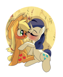 Size: 1800x2200 | Tagged: safe, artist:misspolycysticovary, applejack, rarity, earth pony, pony, unicorn, g4, blushing, duo, female, kissing, lesbian, ship:rarijack, shipping