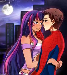 Size: 800x906 | Tagged: safe, artist:sanaya, twilight sparkle, human, spider, g4, amethyst sorceress, couple, crossover, crossover shipping, humanized, male, moon, peter parker, shipping, spider-man, spiders and magic: rise of spider-mane, spidertwi