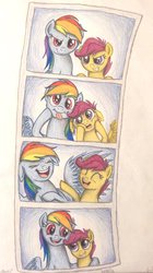 Size: 669x1195 | Tagged: dead source, safe, artist:thefriendlyelephant, rainbow dash, scootaloo, pegasus, pony, g4, colored pencil drawing, derp face, duo, duo female, female, filly, funny faces, happy, hilarious, laughing, photo booth, pictures, scootalove, smiling, traditional art, winghug, wings