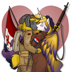 Size: 888x900 | Tagged: safe, artist:wolfjedisamuel, oc, oc only, oc:princess eclipse, oc:steadfast, alicorn, anthro, alicorn oc, anzac, australia, bayonet, colored wings, eclast, female, flag, french, french underground, gradient wings, gun, heart, kissing, male, military, multicolored wings, oc x oc, rifle, straight, weapon, wings, world war ii
