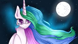 Size: 3264x1836 | Tagged: safe, artist:herusann, princess celestia, alicorn, pony, g4, :3, fangs, female, mare, mare in the moon, moon, night, sky, smiling, solo