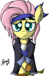 Size: 552x852 | Tagged: safe, artist:zsparkonequus, fluttershy, pony, g4, alternate hairstyle, bipedal, clothes, crossover, female, final fantasy, final fantasy vi, locke cole, simple background, solo, transparent background
