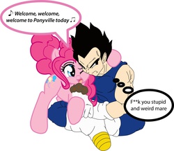 Size: 900x785 | Tagged: safe, artist:xered, pinkie pie, g4, crossover, cupcake, dragon ball, dragon ball z, vegeta