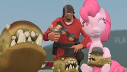 Size: 1192x670 | Tagged: safe, artist:fezwearingdoctor, pinkie pie, g4, 3d, bread, bread monster, bucket, gmod, hat, soldier, soldier (tf2), team fortress 2, teleporter, this will end in tears, this will end in tears and/or death