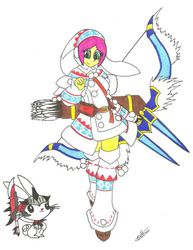 Size: 491x637 | Tagged: safe, artist:tvensnake, angel bunny, fluttershy, human, g4, armor, crossover, humanized, monster hunter, traditional art, weapon