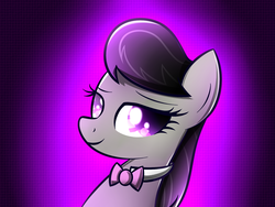 Size: 1024x768 | Tagged: safe, artist:heavymetalbronyyeah, octavia melody, earth pony, pony, g4, bowtie, bust, cute, female, lidded eyes, looking at you, purple background, simple background, smiling, solo, tavibetes